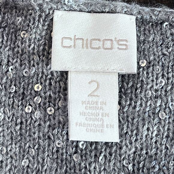 Chicos Sz 2/L Samantha Shine Womens V-Neck Sweater Gray Silver Sequins Lace Hem - Picture 5 of 14